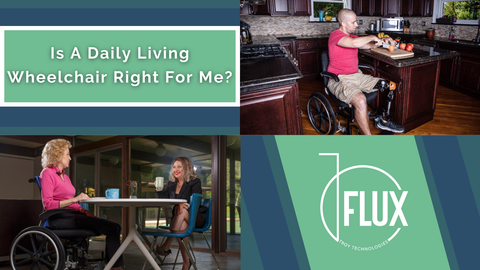 Man in wheelchair cutting food & two women, one in wheelchair, talking at a table