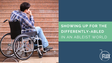 Disappointed man on wheelchair in front of stairs
